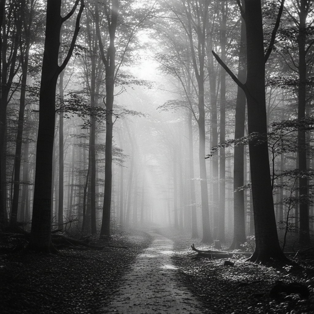 Self-knowledge and purpose — serene trail among tall trees with soft light