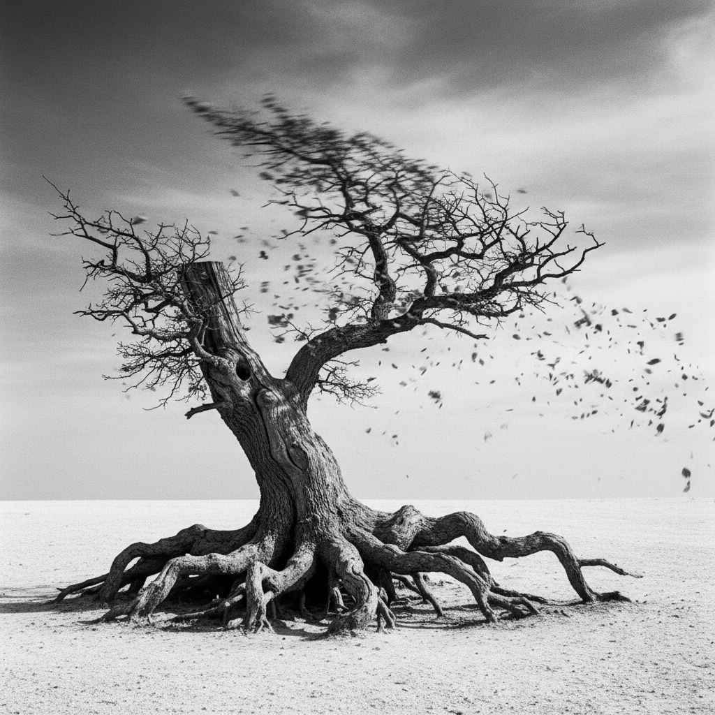 Detachment — solitary strong tree with deep roots in an open field