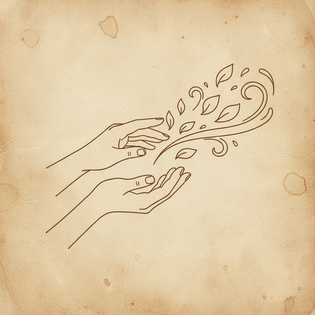 Emotional detachment — open hands releasing dry leaves