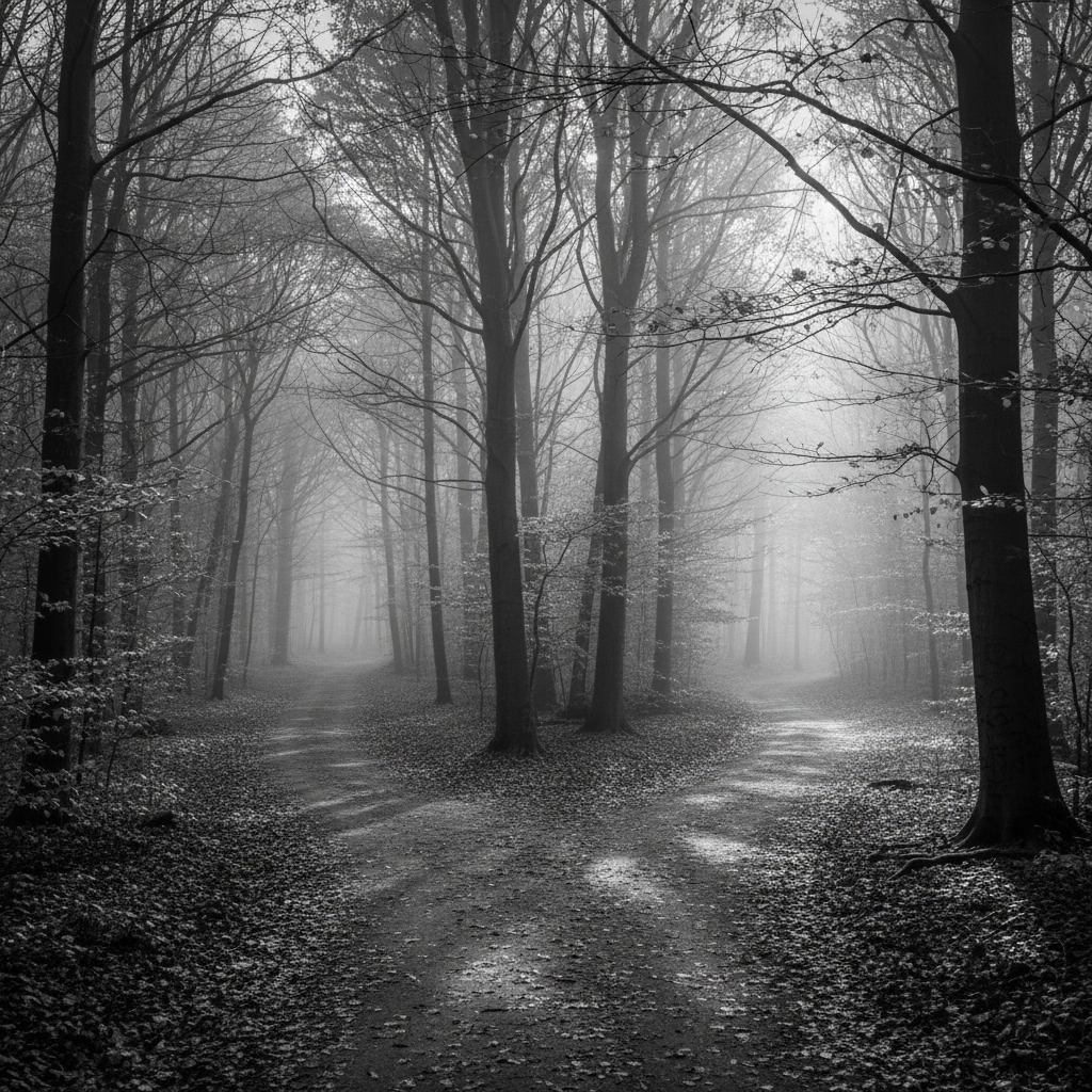 Vedanta e Hinduismo — caminho se dividindo em floresta em preto e branco