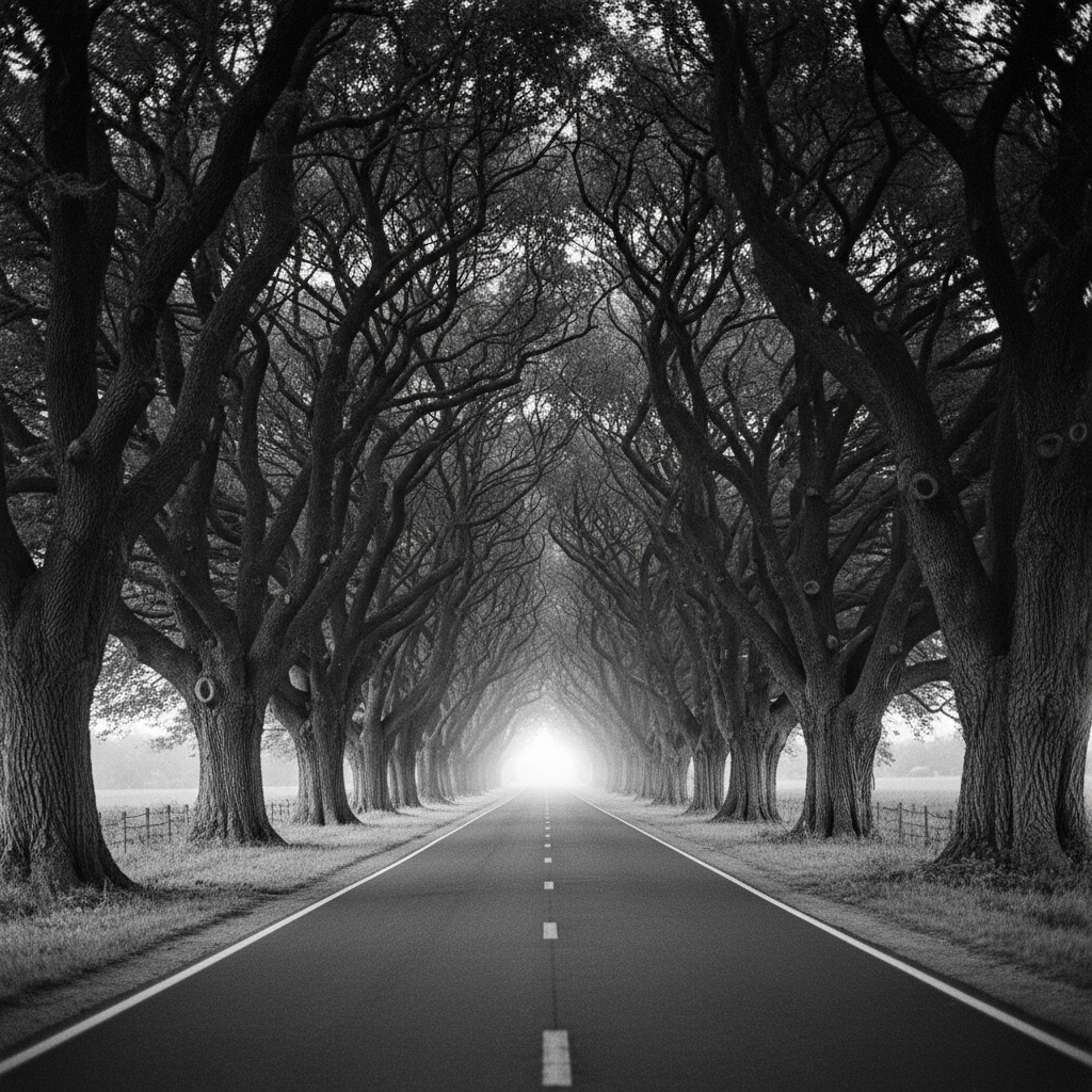 Transmission of knowledge — empty road between tall trees
