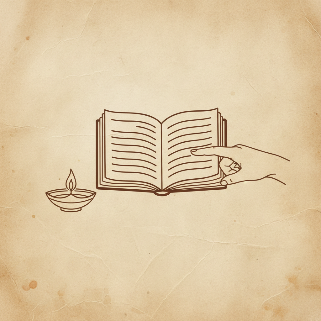 Studying Vedanta alone or with a teacher — open book and oil lamp on a scroll