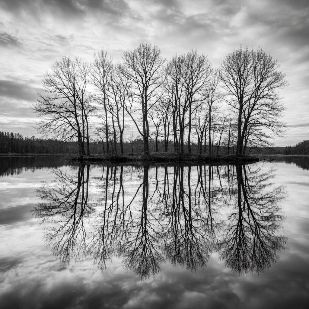 Observer and observed — reflection in a perfectly calm lake
