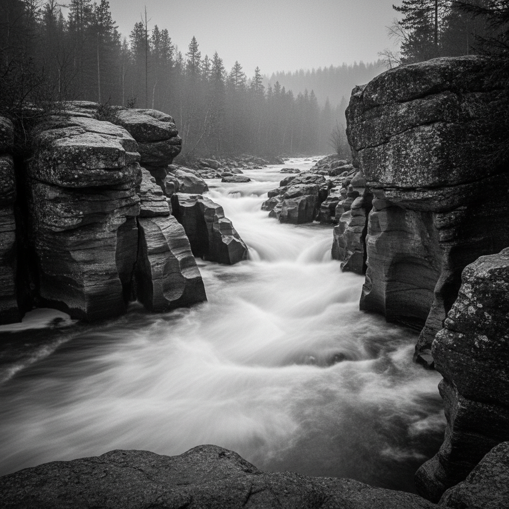 Impermanence in nature — river flowing between ancient, unchanging stones