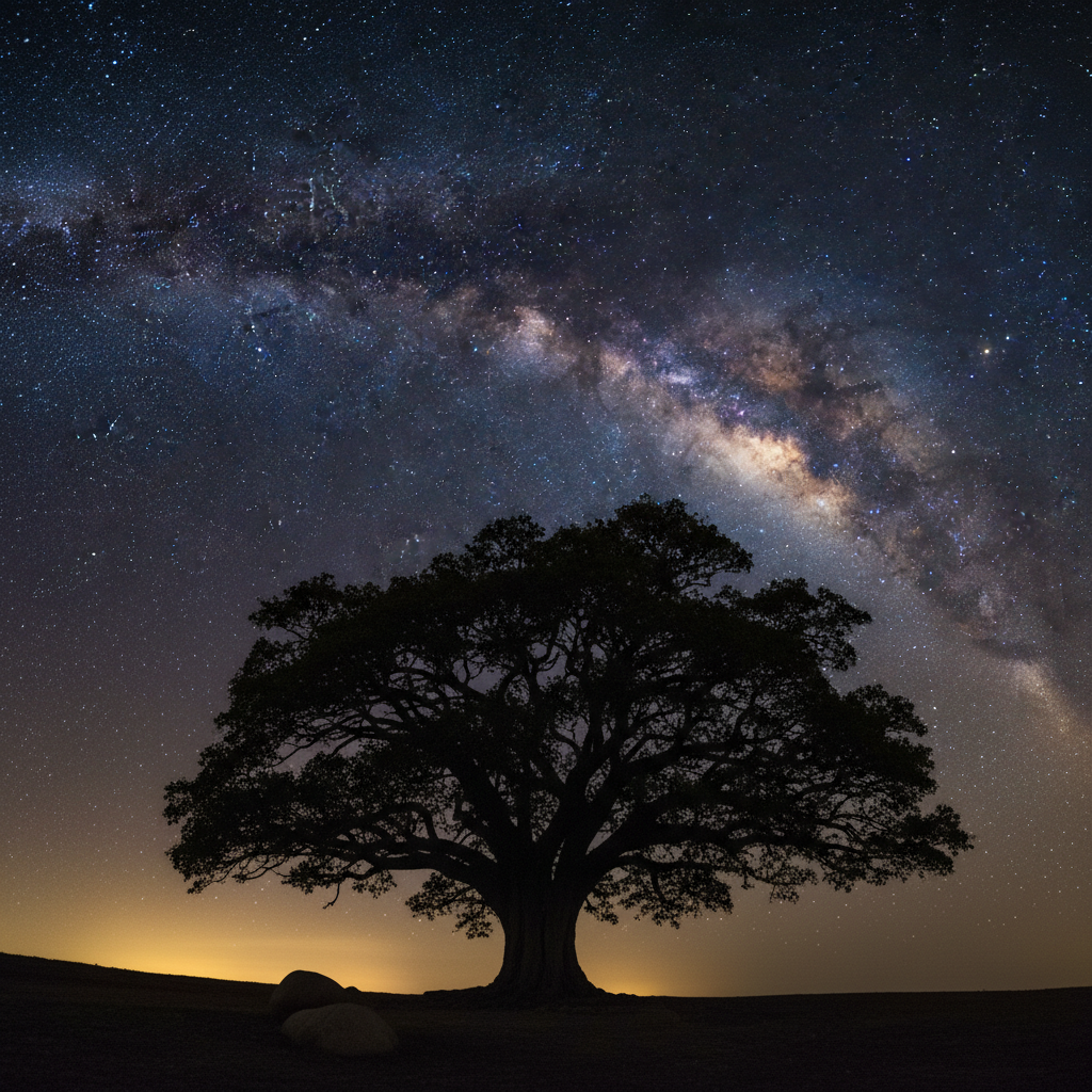 Karma spiritual — Bodhi tree beneath the cosmos, liberation