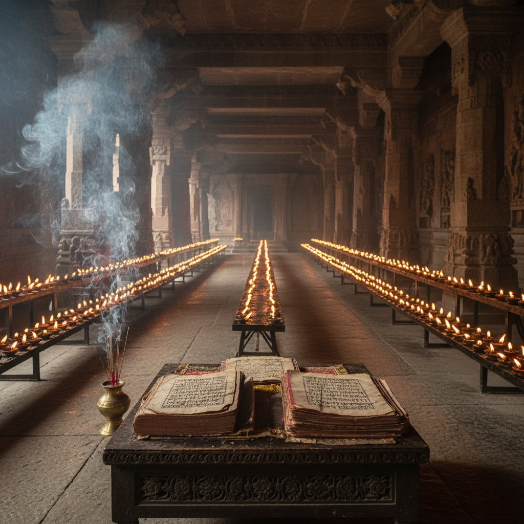 Karma spiritual meaning — temple with dīpas and Vedic texts