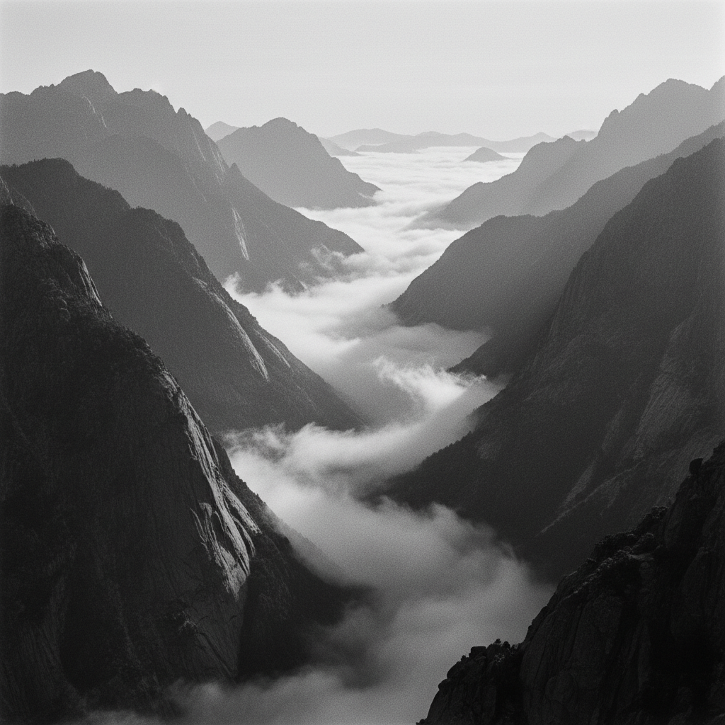 Kuṇḍalinī — mountain at dawn with mist rising between peaks