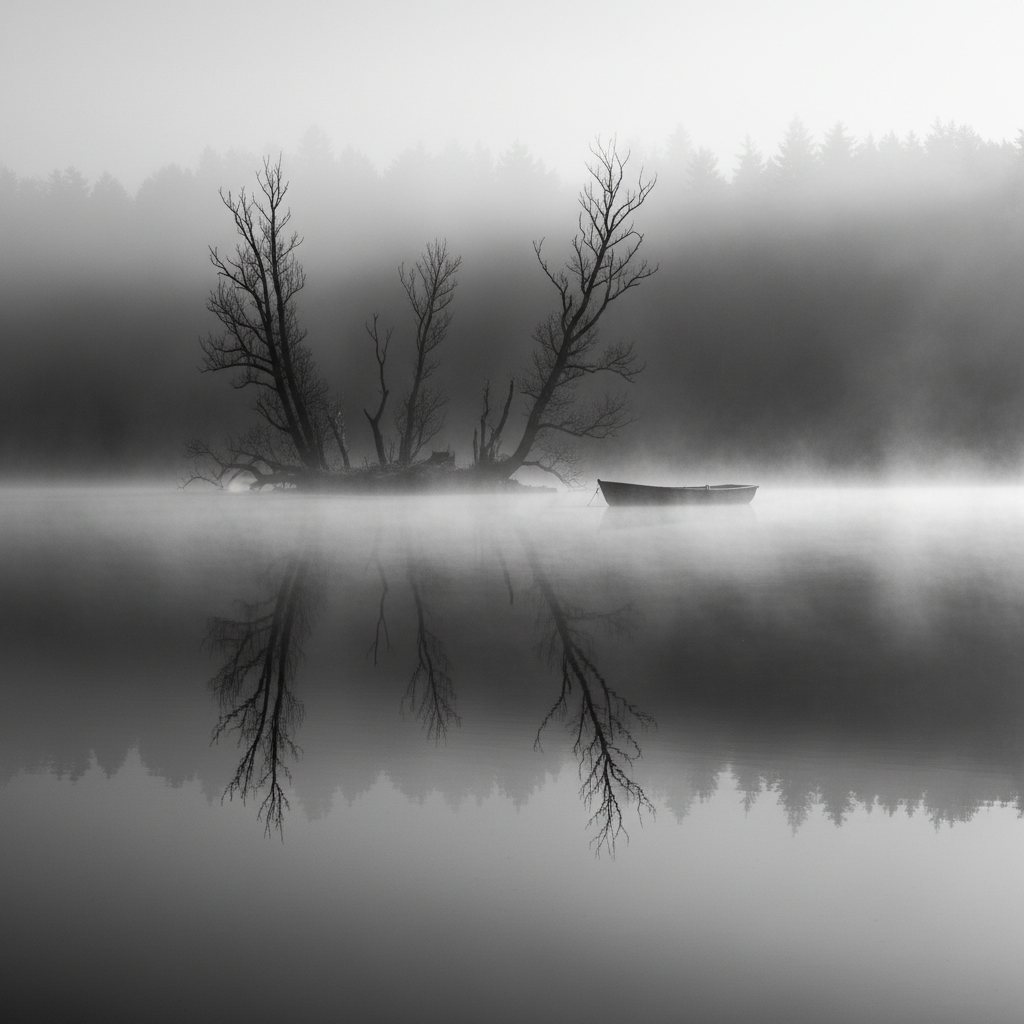 Māyā — mist over serene lake, reflection and reality