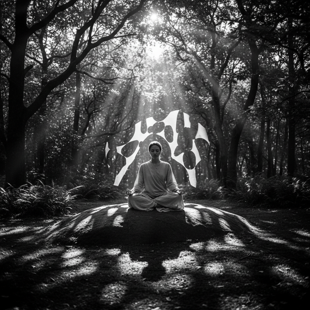 Meditation — person meditating in a clearing with light filtering through trees