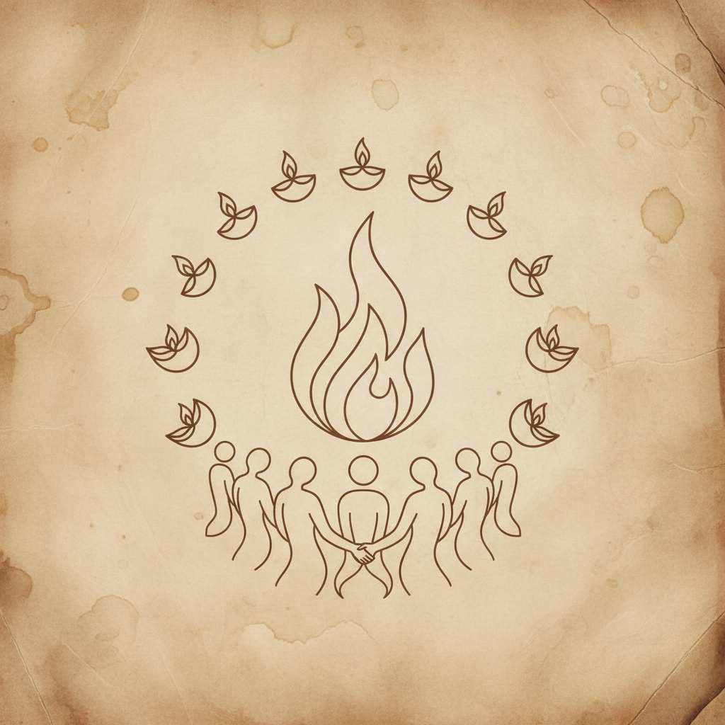 Satsang o que e — grupo em circulo com lamparina ao centro sobre pergaminho