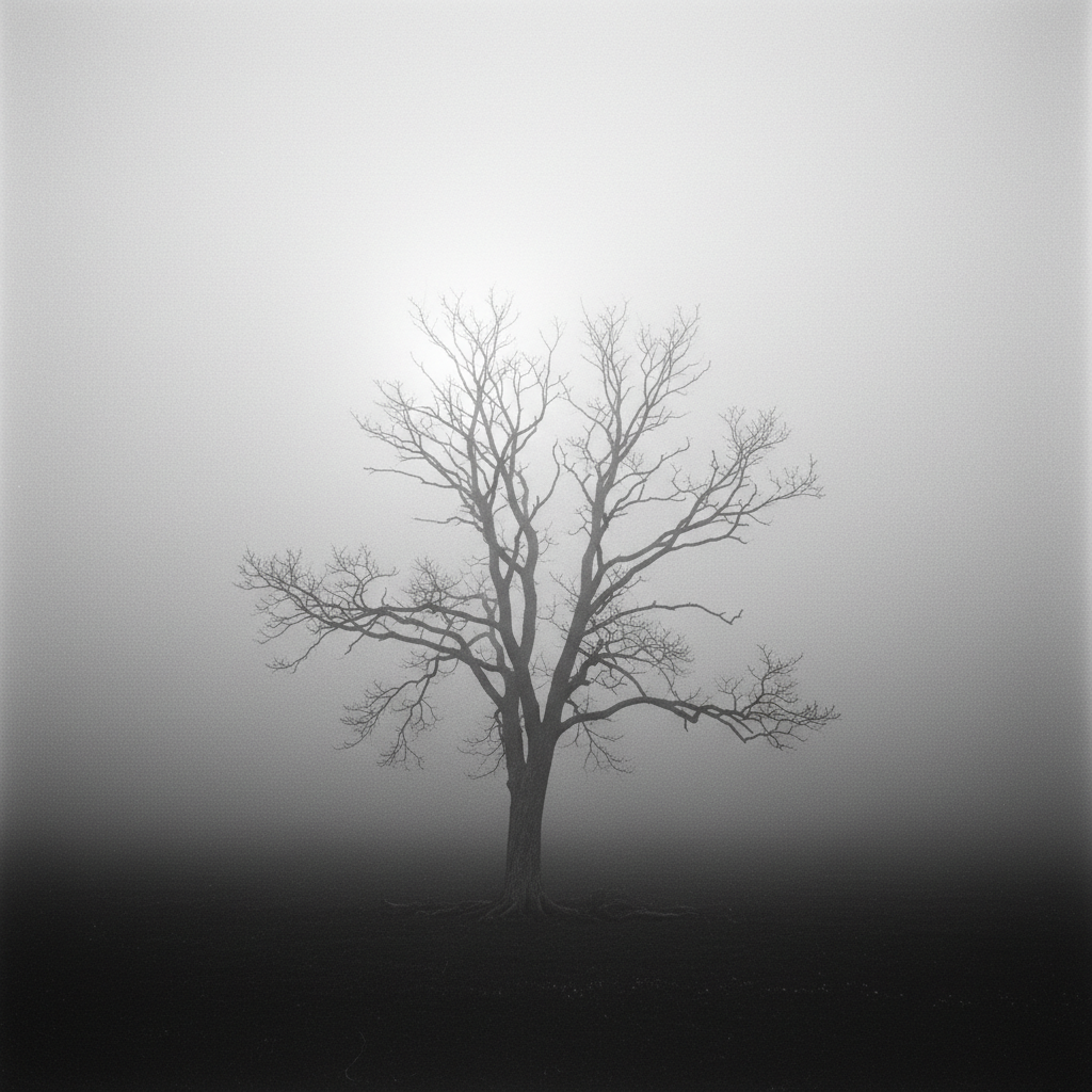 Suffering is real in Vedanta — bare tree in dense fog