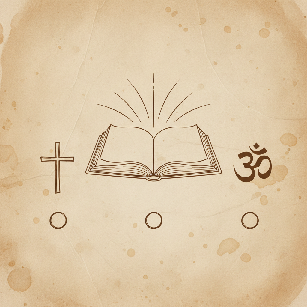 Vedanta e religiao? — pergaminho com simbolos de diferentes tradicoes em tracos terra