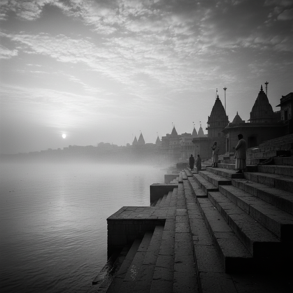 Spiritual India — sunrise over Ganges with ghats and silhouettes