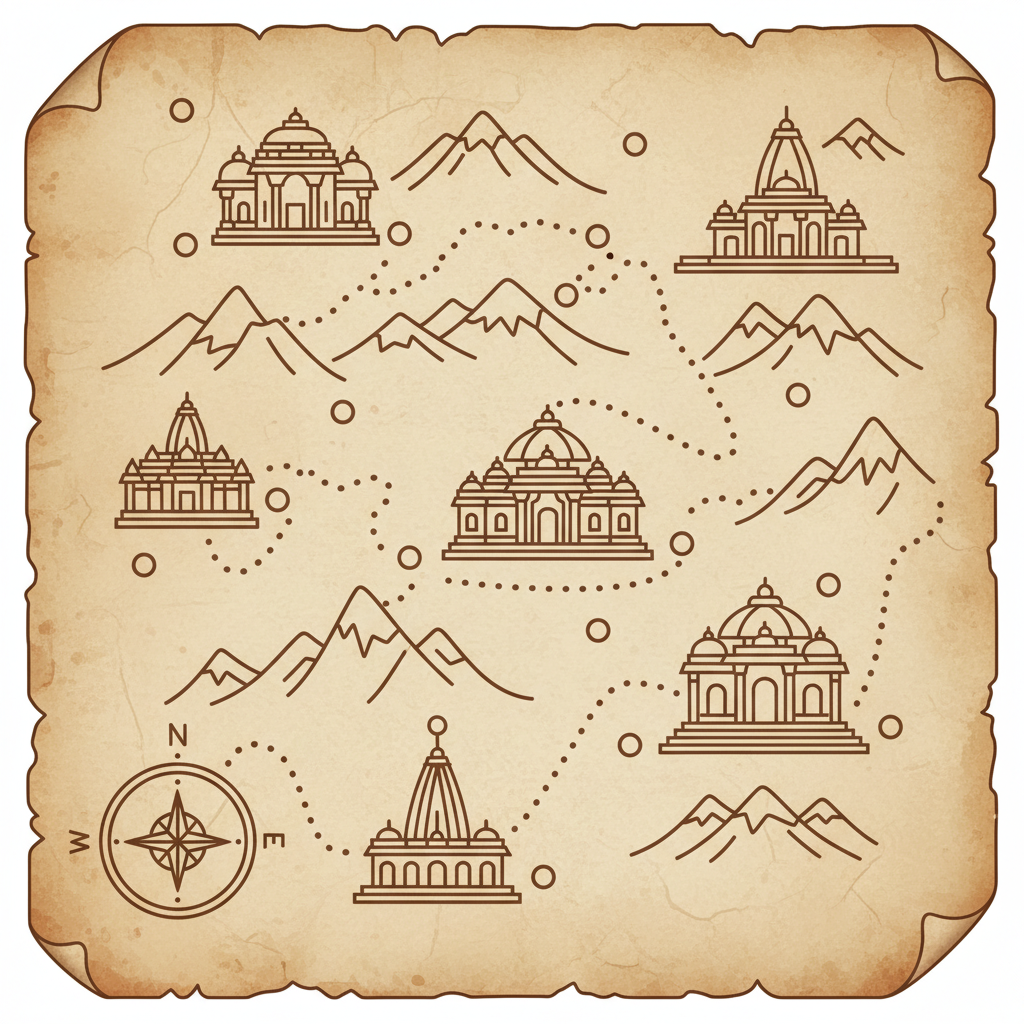 Spiritual journey India — old map with traditional routes